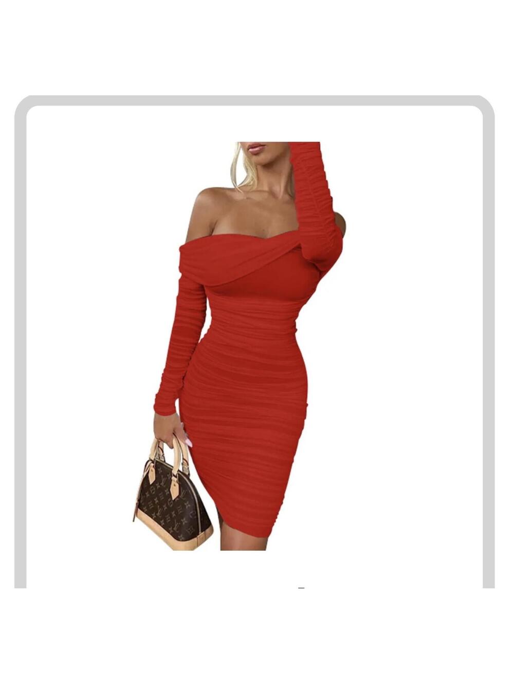 Viral OYS Off Shoulder Long Sleeve Ruched Bodycon Mesh Dress